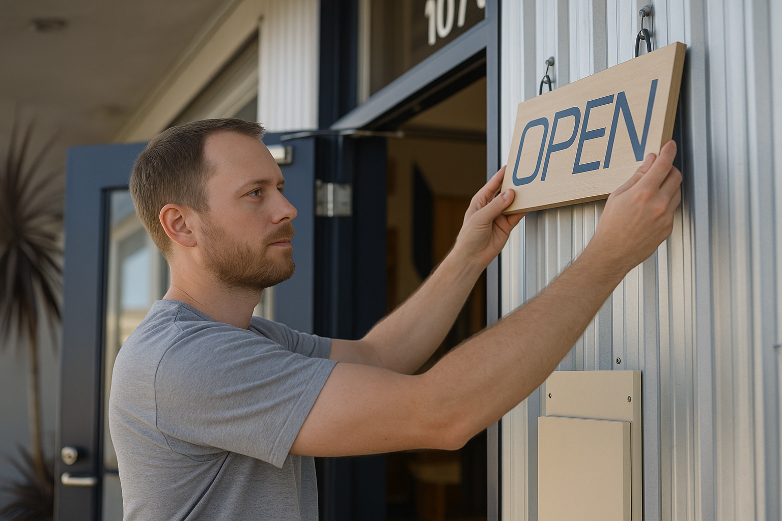 Business owner hanging open sign